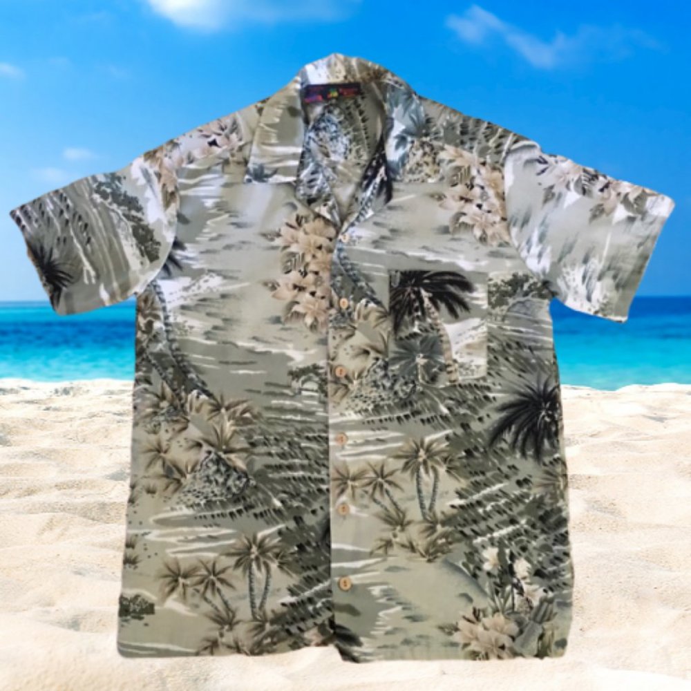 Roundy Bay Shirt 70s Vintage Hawaiian Gray Med